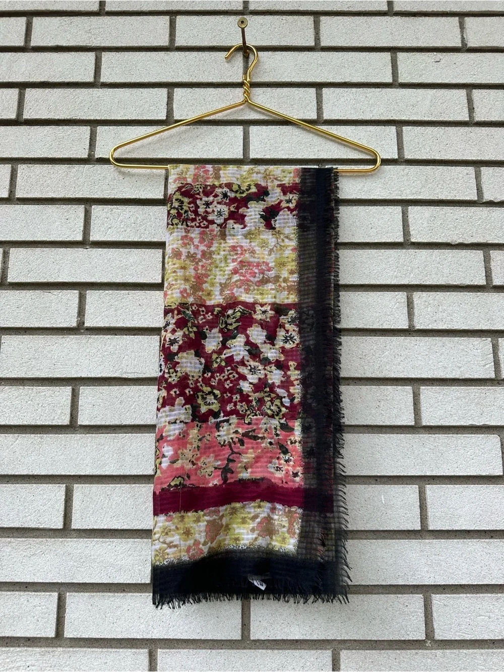 J. Jill Floral Gauze Scarf Black Fringe Boho Square Lightweight Wrap Cottagecore